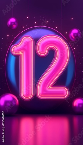 Number 12, Pink Neon Sign on a Blue Sphere, Festive Background, Digital Illustration.