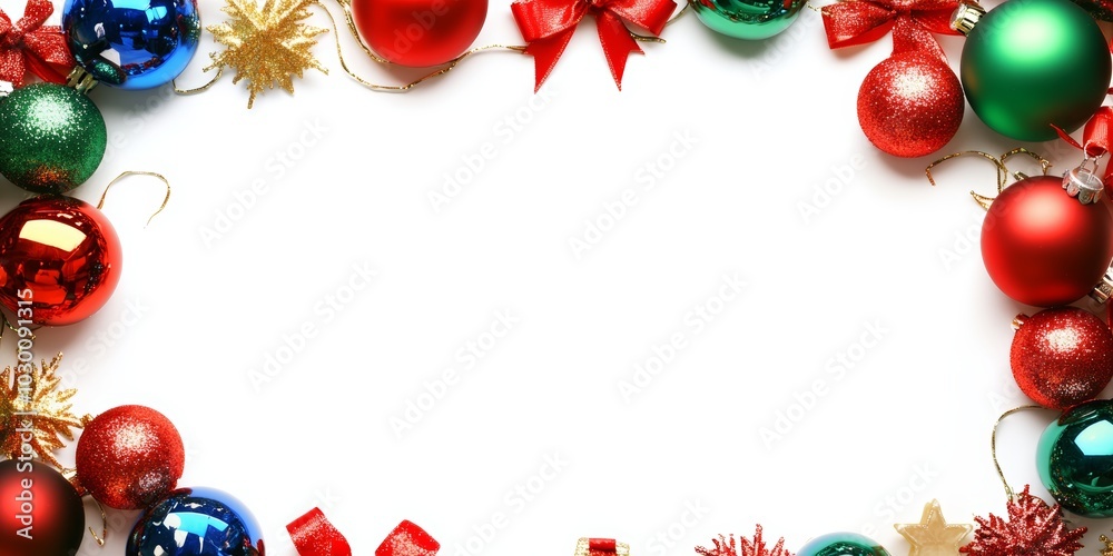 Colorful Christmas baubles, bows, and glittering stars arranged in a festive border on a white background. Colorful Christmas baubles, bows, and glittering stars arranged in a festive border on a white background.