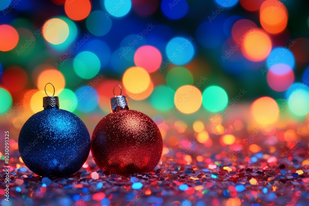 Red and blue Christmas baubles with colorful bokeh lights in the background on a sparkling surface. Red and blue Christmas baubles with colorful bokeh lights in the background on a sparkling surface.