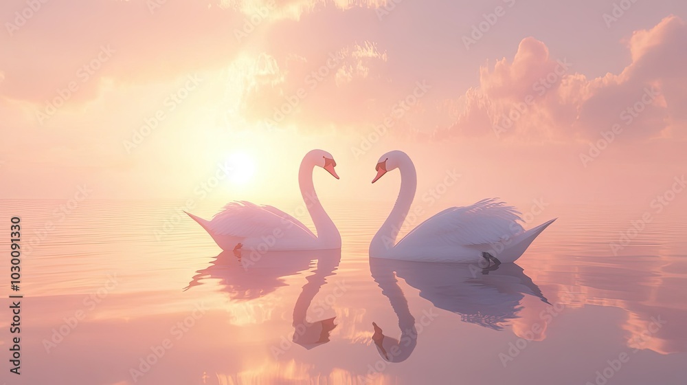 Fototapeta premium A pair of swans gliding gracefully across a still lake at sunrise.
