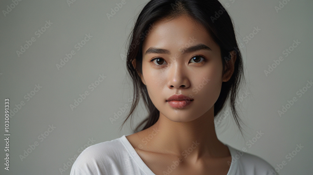 Close up portrait of beautiful Asian female model in 20s with perfect glowy skin in basic white t shirt Close up portrait of beautiful Asian female model in 20s with perfect glowy skin in basic white t shirt