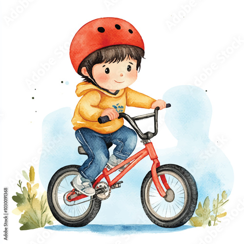 cute boy playing bmx watercolor clipart illustration  (9)