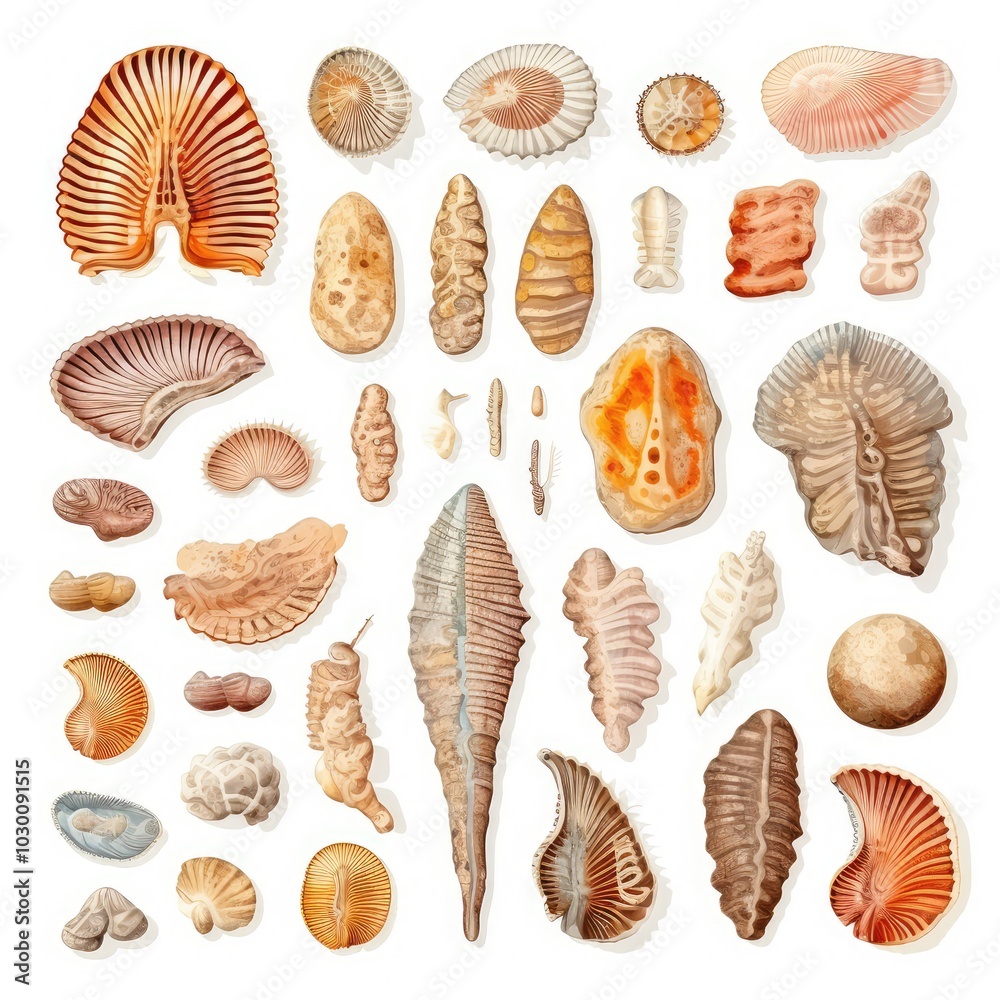 Fossils Set, Archeologic Fossil Dig Collection Isolated, Fossilized Prints of Prehistoric Plants and Animals Fossils Set, Archeologic Fossil Dig Collection Isolated, Fossilized Prints of Prehistoric Plants and Animals