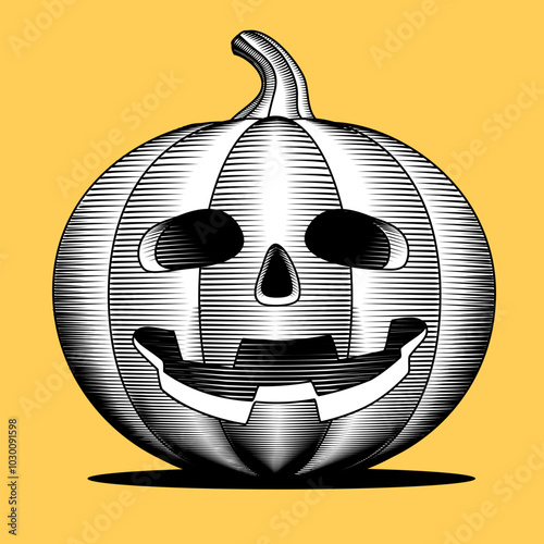 Black and white drawing in vintage engraving style of a halloween pumpkin with carved eye sockets and a smiling mouth isolated on yellow background. Vector 
illustration photo