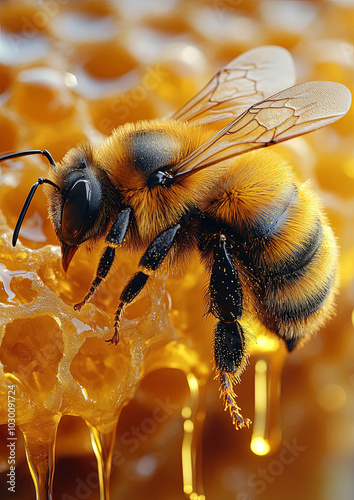 Honeybee Gathering Nectar on Honeycomb