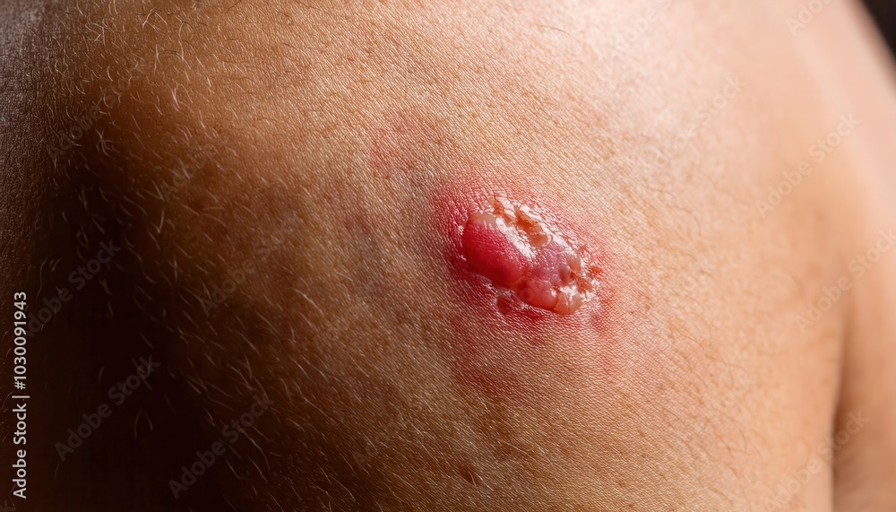 Naklejka premium Close-up of Inflamed and Infected Skin Boil with Pus on Human Shoulder. Example of Staphylococcal Infection, Abscess Formation, and Skin Inflammation in Healthcare or Dermatological Context