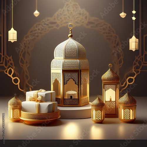 Wooden table decorated with Ramadan ornaments and small gift boxes.