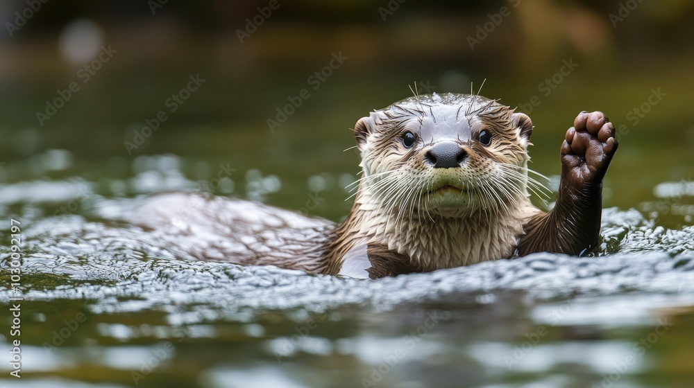 A playful otter swimming on its back in a peaceful river. A playful otter swimming on its back in a peaceful river.
