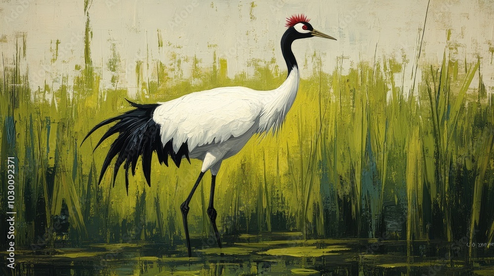 Naklejka premium A red-crowned crane standing elegantly in a rice field, its long legs and white feathers contrasting with the green.