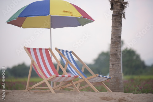 beach umbrella and chair