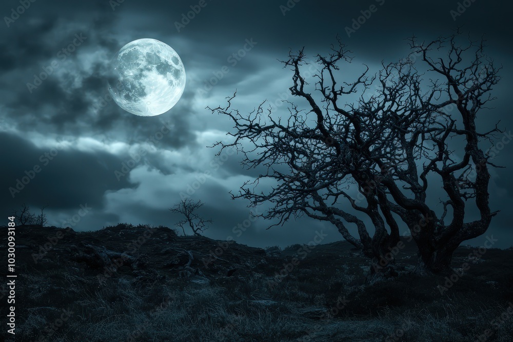 A dramatic moonlit sky with twisted trees, creating an eerie landscape atmosphere. A dramatic moonlit sky with twisted trees, creating an eerie landscape atmosphere.