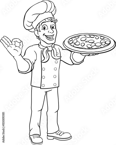 A chef cook man cartoon character giving a perfect or okay chefs hand sign and holding a pizza.