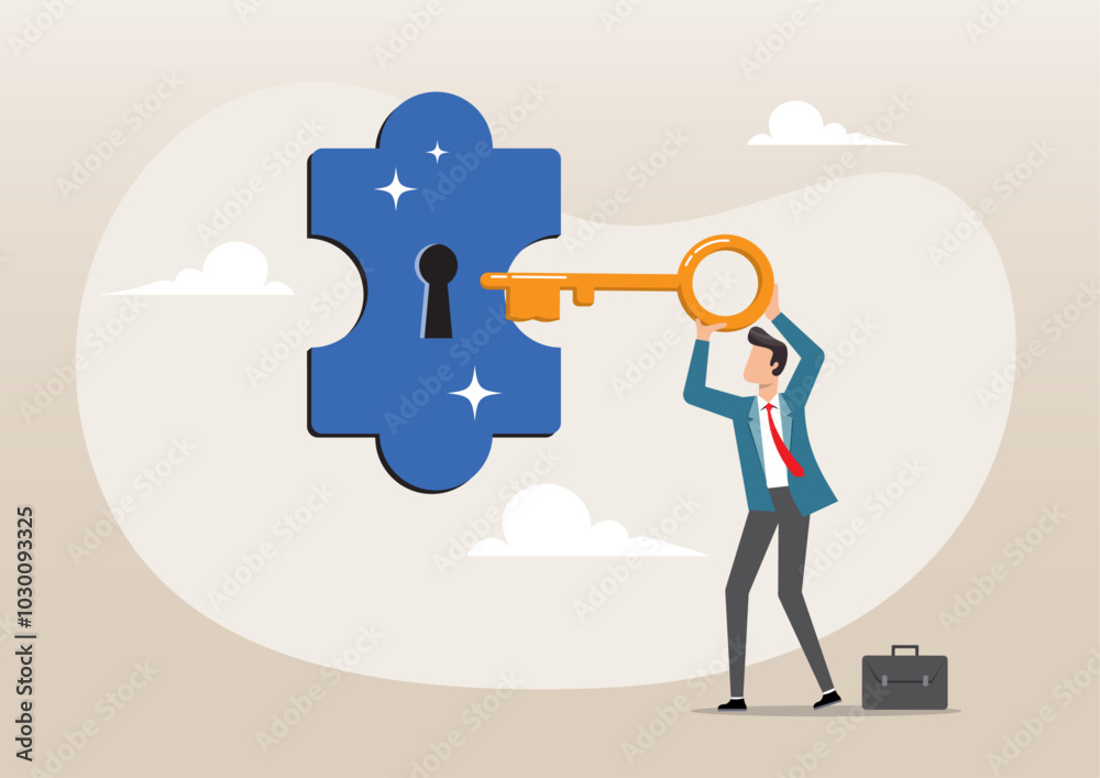 businessman turn key into jigsaw puzzle keyhole businessman turn key into jigsaw puzzle keyhole