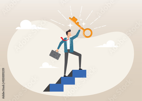 Businessman winner walk up to top of stairway lifting golden success key to the sky