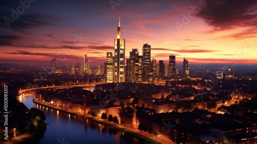 view of the Frankfurt Skyline building at Dusk