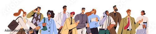 Banner with crowd of office workers, employees. Business team goes to work together. Busy people communicate by phone, hurry. Group of colleagues walks. Flat isolated vector illustration on white