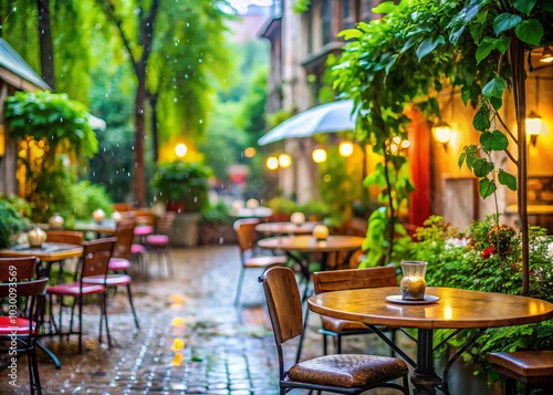 Lush Green Foliage by a Cozy Street Cafe on a Rainy Day with Beautifully Blurred Background for Atmospheric Urban Photography