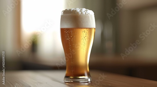 A Glass of Beer with a Creamy Head on a Wooden Table photo