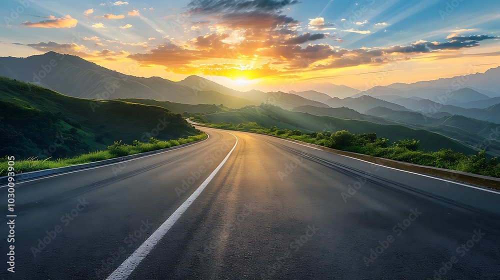 Empty Road Through Rolling Hills at Sunrise