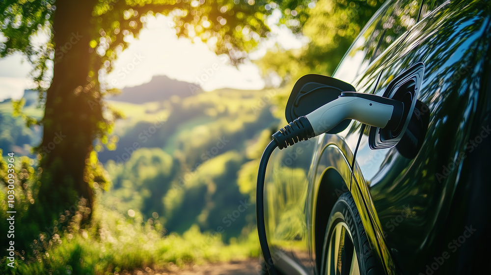 Embracing Eco-Friendly Technology with Electric Vehicles Amidst Lush Green Hills and Sunlit Trees Embracing Eco-Friendly Technology with Electric Vehicles Amidst Lush Green Hills and Sunlit Trees
