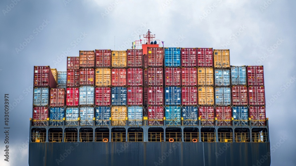 Fototapeta premium Stacked Cargo Containers at Busy Seaport Terminal Skyline