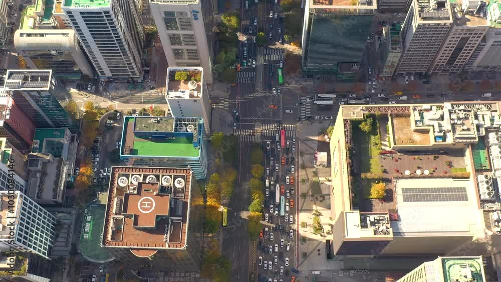 SEOUL, SOUTH KOREA - SEPTEMBER 9, 2024: An aerial view showcases Seouls busy streets and tall buildings
