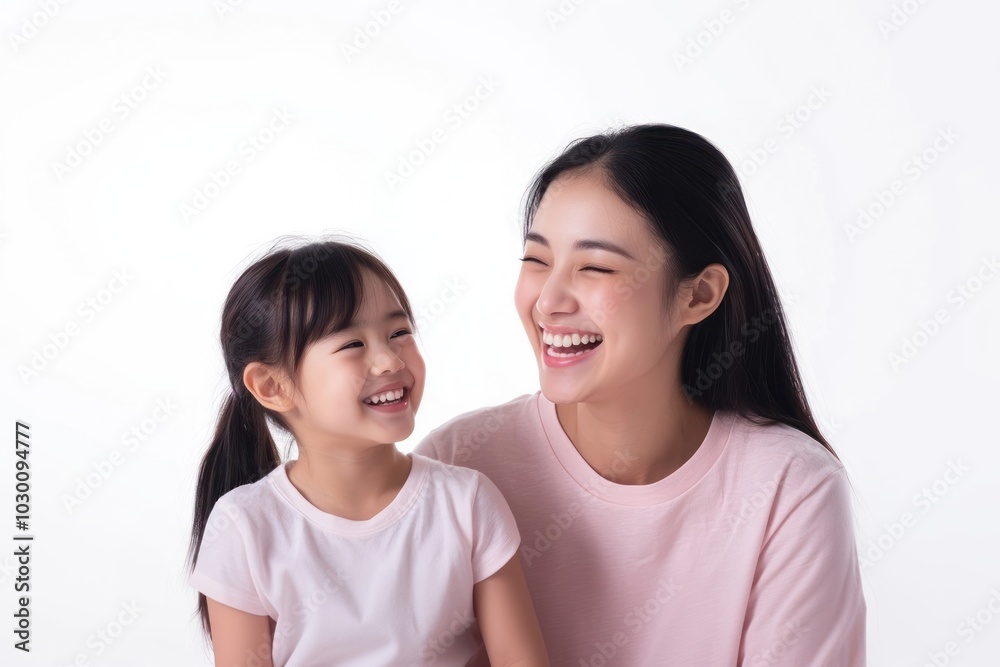 A young mixed race asian woman wearing pale pink t-shirt with her daughter laughing person people. A young mixed race asian woman wearing pale pink t-shirt with her daughter laughing person people.