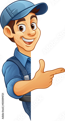 A handyman, mechanic or painter decorator mascot man peeking around sign and pointing at it. Or perhaps an electrician, plumber or gardener. Could also be a window cleaner.