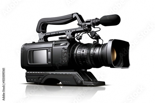 News reporter camera white background electronics technology.