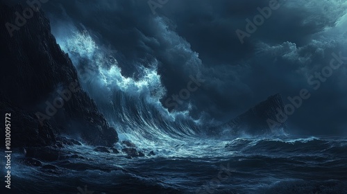 Majestic Ocean Waves Crash Against Dark Cliffs Under Stormy Skies Capturing Nature's Untamed Beauty and Power