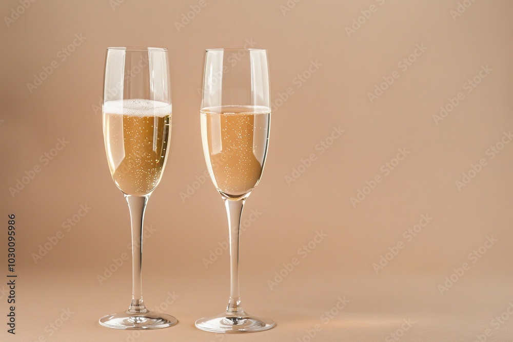 Two champagne flutes with sparkling wine on beige Two champagne flutes with sparkling wine on beige