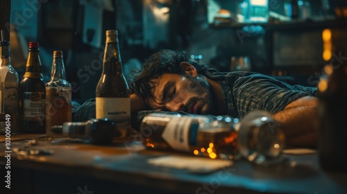 Man Sleeping on a Table with Alcohol Bottles