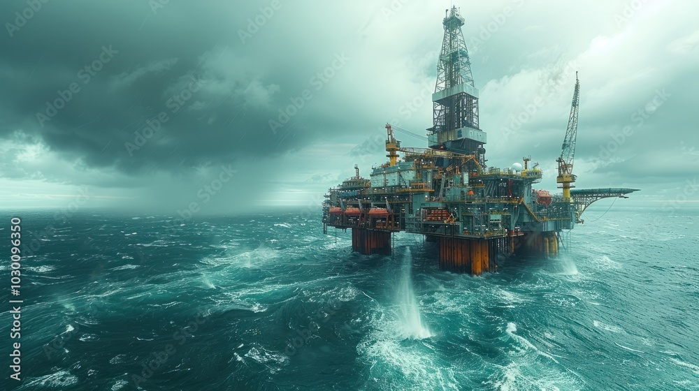 Oil Platform in Stormy Sea