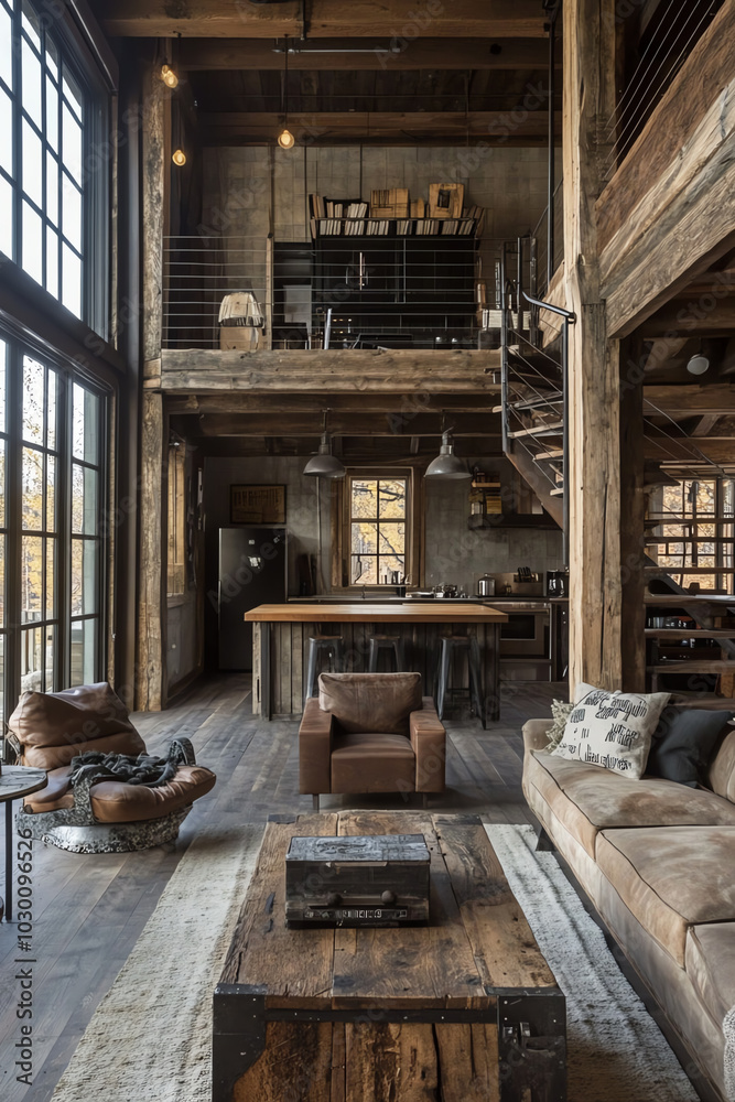 Chic open-concept rustic living space. Chic open-concept rustic living space.
