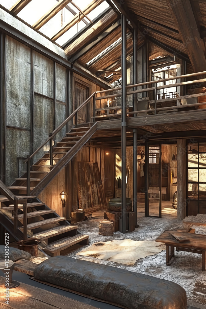 Cozy wooden interior with stairs and natural light Cozy wooden interior with stairs and natural light