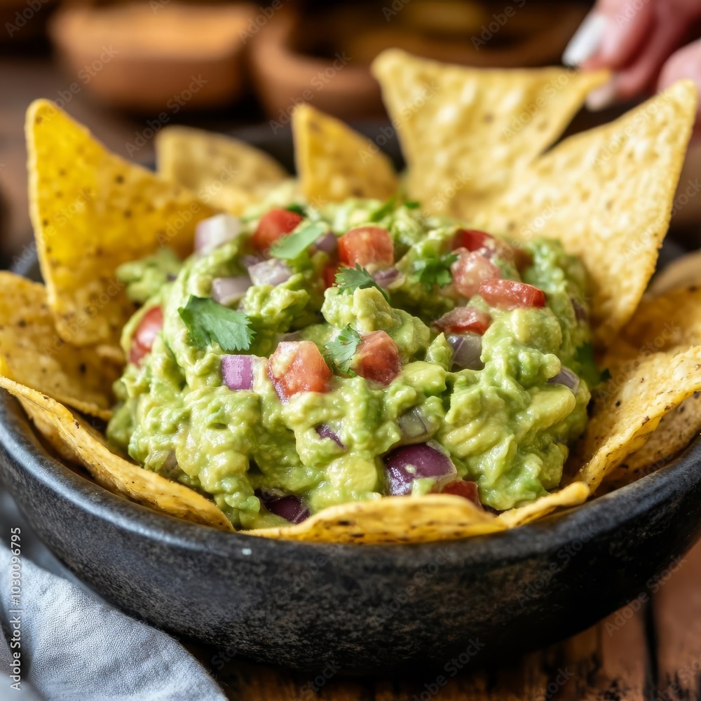Freshly made guacamole being served with chips, street food snacks, Mexican delight Freshly made guacamole being served with chips, street food snacks, Mexican delight