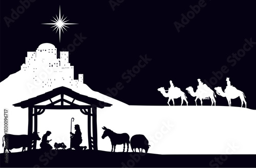 A Christmas nativity scene with baby Jesus in the manger, wise men and city of Bethlehem in the background