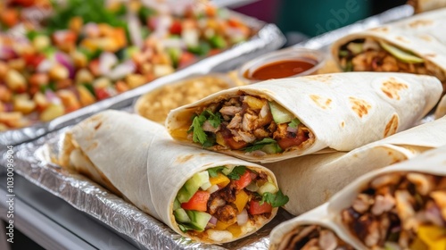 Freshly made shawarma wraps with sauce, busy market, street food snacks, Middle Eastern delight