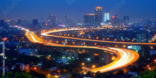 Top view of the expressway at night Take photos using the long exposure technique. Makes the light of the tow truck's headlights appear as a long line. with the beautiful dark blue night sky.