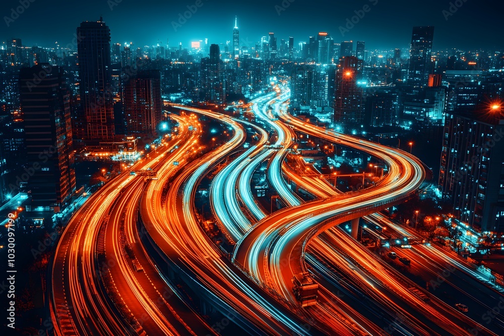 Fototapeta premium Top view of the expressway at night Take photos using the long exposure technique. Makes the light of the tow truck's headlights appear as a long line. with the beautiful dark blue night sky.