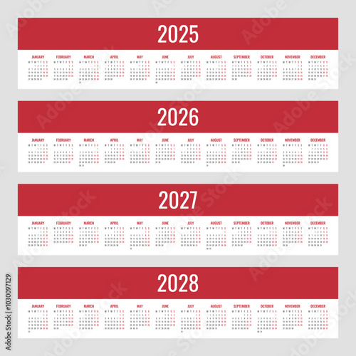 2025 year calendar, calendar design for 2025 2026 2027 2028 starts monday