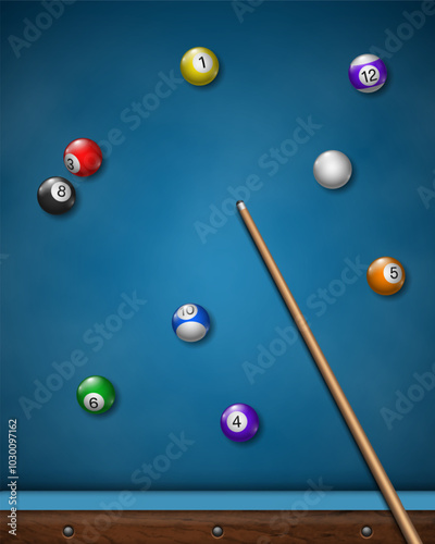 Billiard balls and cue on table with blue cloth. Pool table top view. Vector illustration.