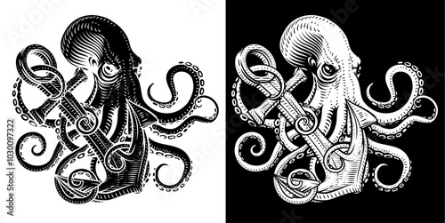 An octopus or kraken with tentacles wrapped round an anchor sailor tattoo style design illustration.