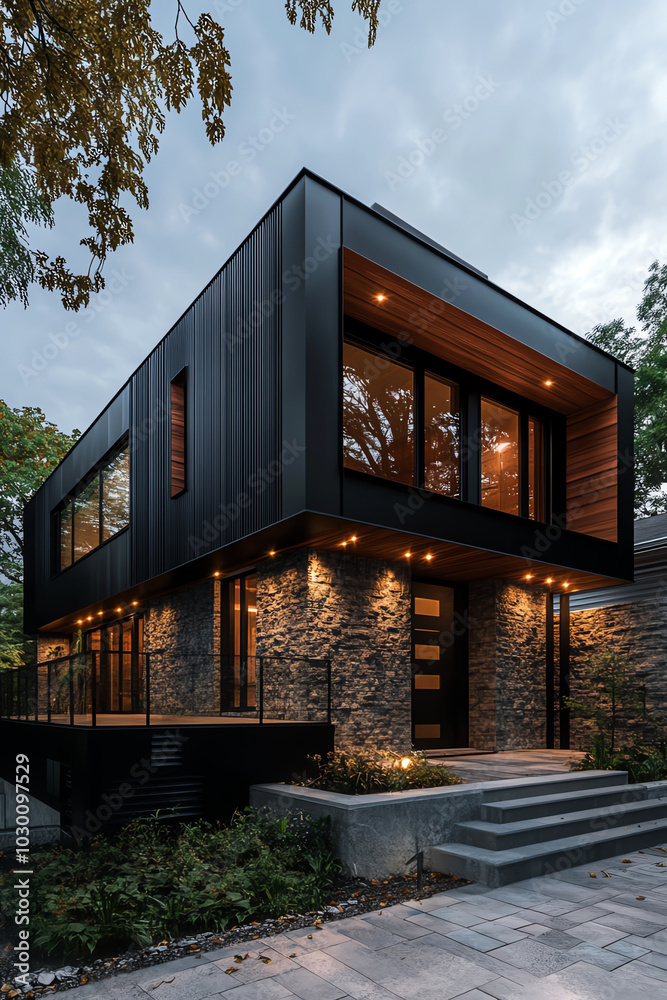 Modern home exterior with stylish lighting Modern home exterior with stylish lighting