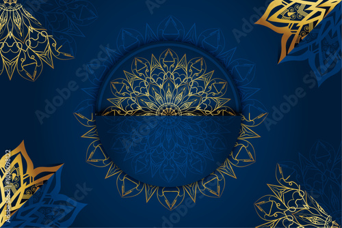  A decorative circular motif in blue and gold, displayed on a rich dark blue backdrop, enhancing its visual appeal