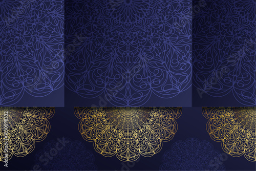 A decorative Islamic background in gold and blue, adorned with elaborate patterns that highlight traditional artistic elements