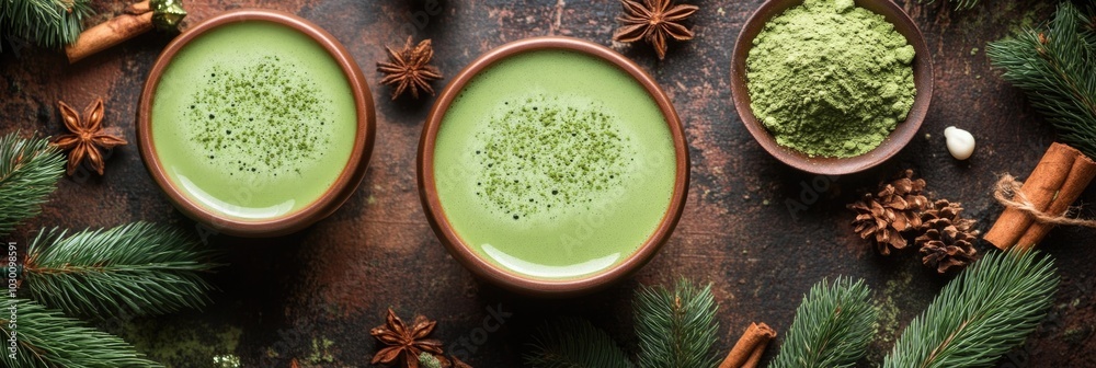 Green matcha Christmas latte with whipped cream, on xmas New year holiday decorated background. ai generated Green matcha Christmas latte with whipped cream, on xmas New year holiday decorated background. ai generated