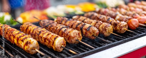 Juicy kebabs sizzling on a grill, vibrant market backdrop, street food snacks, grilled delight