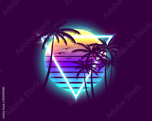 80s futuristic landscape concept. Sunset with palm trees. Vector illustration.