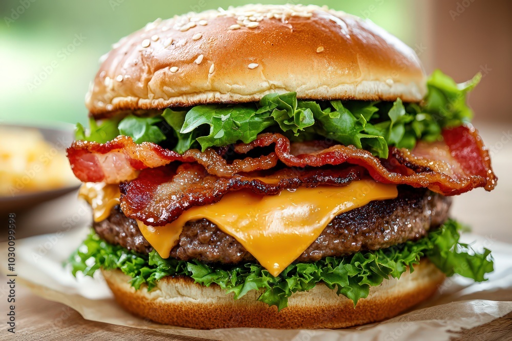 A hamburger with crispy bacon, melted cheese, and fresh lettuce A hamburger with crispy bacon, melted cheese, and fresh lettuce
